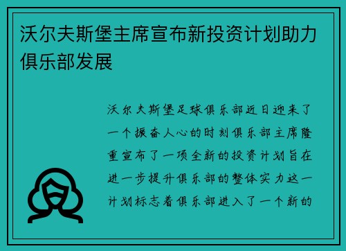 沃尔夫斯堡主席宣布新投资计划助力俱乐部发展